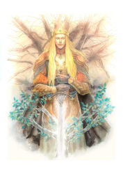 Rule 34 | 1boy, armor, bare tree, blonde hair, border, bracer, cape, closed eyes, closed mouth, commentary, cropped legs, crown, dior (silmarillion), english commentary, expressionless, fading border, gloves, glowing, glowing sword, glowing weapon, gold crown, grey cape, grey gloves, holding, holding sword, holding weapon, lomacchi, long hair, ornate weapon, painting (medium), photoshop (medium), scale armor, solo, straight-on, sword, the silmarillion, tolkien&#039;s legendarium, traditional media, tree, very long hair, watercolor (medium), weapon, white border