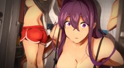 3girls areola_slip ass bare_arms bare_shoulders blush breasts brown_hair cleavage doki_doki_literature_club hair_intakes hair_ornament highres khyle. large_breasts long_hair looking_at_viewer monika_(doki_doki_literature_club) multiple_girls out-of-frame_censoring purple_eyes purple_hair red_shorts shorts sideboob tile_wall tiles undressing yuri_(doki_doki_literature_club)
