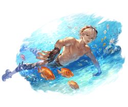 1boy abs blue_eyes collarbone fingerless_gloves full_body gloves goggles granblue_fantasy joel_(granblue_fantasy) male_focus muscular obliques official_art outstretched_arms pectorals spread_arms swimming toned toned_male transparent_background underwater white_hair