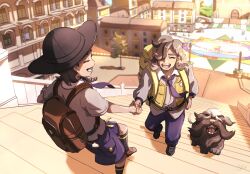 1boy 1girl arven_(pokemon) backpack bag brown_bag brown_footwear building closed_eyes commentary_request day grin hat highres holding_hands juliana_(pokemon) mabosstiff necktie nintendo outdoors pokemon pokemon_(creature) pokemon_sv purple_necktie purple_shorts ramu_(touko0zero) school_uniform shirt shoes short_sleeves shorts smile socks teeth vest window yellow_vest
