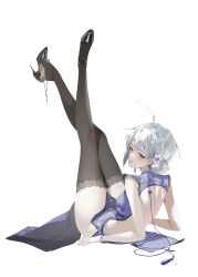 1girl absurdres ahoge backless_dress backless_outfit bare_back black_shoes black_thighhighs china_dress chinese_clothes chinese_commentary closed_mouth commentary_request dress earrings floral_print floral_print_dress flower full_body grey_eyes hair_between_eyes hair_flower hair_ornament high_heels highres jewelry legs_up light_blush looking_at_viewer lying mole mole_under_eye nail_polish on_back patent_heels print_dress pugongying pumps purple_dress purple_flower purple_nails qq_dance shoes short_hair simple_background sleeveless sleeveless_dress solo stiletto_heels thighhighs thighs white_background white_hair xingtong