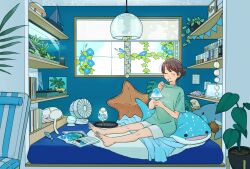 1girl ^_^ barefoot bed blanket blue_nails blue_sky blush book bowl brown_hair candle cat ceiling_light closed_eyes closed_mouth clothes_writing cloud cloudy_sky commentary_request day eating electric_fan fern fish fish_food fish_tank food green_shirt grey_shorts hair_bun hanging_light happy holding holding_bowl holding_spoon ice ice_cube indoors matsumine_(twin-mix) model_ship nail_polish note on_bed open_book original painting_(object) phonograph photo_(object) plant potted_plant reclining seashell shaved_ice shelf shell shirt short_sleeves shorts single_hair_bun sky smile solo spoon stuffed_animal stuffed_dolphin stuffed_starfish stuffed_toy stuffed_whale swept_bangs t-shirt tablet_pc tape toenail_polish toenails vines water white_cat wide_shot window