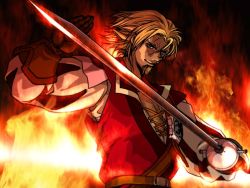 bandolier beard belt belt_buckle blonde_hair blue_eyes brown_belt brown_gloves buckle chest_hair collared_shirt facial_hair faylute fiery_background fire gloves goatee heraldry leather leather_gloves musketeer open_collar puff_and_slash_sleeves puffy_sleeves raphael_sorel rapier red_tunic shirt soul_calibur soulcalibur soulcalibur_ii sword tunic weapon white_shirt