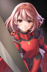 1girl armor bodystocking braid claymore_(sword) closed_mouth covered_navel fire_emblem fire_emblem_engage hair_ribbon hairband holding holding_weapon lapis_(fire_emblem) looking_at_viewer navel nintendo pink_eyes pink_hair red_hairband ribbon short_hair side_braid skin_tight solo swept_bangs ten_(tenchan_man) two-tone_hairband weapon white_ribbon