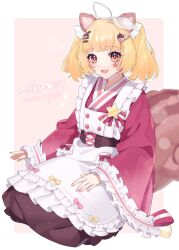 1girl :3 acorn_hair_ornament animal_ears apron blonde_hair blunt_bangs blurry bokeh border bow_hairband brown_tail commission depth_of_field facial_mark food-themed_hair_ornament full_body hair_ornament hair_scrunchie hairband hairclip hand_on_lap highres japanese_clothes kaiteki_live kimono kneeling komori_risu lolita_fashion marking_on_cheek open_mouth orange_eyes outside_border peta_(snc7) pink_background pink_kimono rounded_corners scrunchie second-party_source see-through_bow see-through_hairband short_kimono skeb_commission solo squirrel_ears squirrel_girl squirrel_tail star_(symbol) star_facial_mark striped_tail tail thank_you twintails wa_lolita white_apron white_border white_scrunchie wide_sleeves