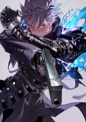 1boy absurdres artist_name black_gloves black_jacket blue_fire citronplanet fingerless_gloves fire glasses gloves grey_background gun high_collar highres holding holding_gun holding_weapon jacket looking_to_the_side mole mole_under_eye orange-tinted_eyewear orange_eyes purple_hair round_eyewear short_hair simple_background solo spiked_hair tinted_eyewear trigun twitter_username vash_the_stampede weapon