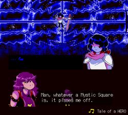 absurdres armlet blue_skin closed_mouth colored_skin colored_teeth deltarune furry furry_female highres holding holding_sword holding_weapon jacket jewelry kris_(deltarune) long_hair mystic_square nixelia purple_hair purple_skin scarf sharp_teeth shirt short_hair spiked_armlet susie_(deltarune) sword teeth touhou touhou_(pc-98) weapon yellow_teeth