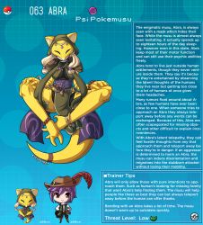 1boy 1girl abra animal_ears artist_name beads blonde_hair breasts brown_eyes character_name character_profile english_text gen_1_pokemon hat hat_feather highres hood hood_up kinkymation mask medium_breasts nintendo obi pelvic_curtain personification poke_ball pokemon prayer_beads purple_hair sash sidelocks tail thighhighs