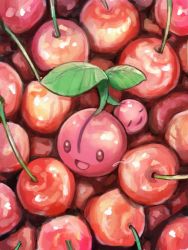 cherry cherubi creatures_(company) closed_eyes fazibunnoe food from_above fruit game_freak gen_4_pokemon highres leaf looking_to_the_side nintendo no_humans open_mouth pokemon pokemon_(creature)