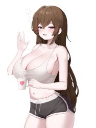 1girl absurdres bare_arms bare_shoulders black_shorts blue_eyes breasts brown_hair camisole cleavage collarbone commentary_request commission cowboy_shot crop_top cup dolphin_shorts drawstring fang hand_up highres holding holding_cup korean_commentary large_breasts long_hair looking_at_viewer midriff mug navel open_mouth original pharamacom second-party_source shirt short_shorts shorts simple_background skin_fang sleeveless sleeveless_shirt smile solo spaghetti_strap takamiya_keika very_long_hair white_background white_shirt