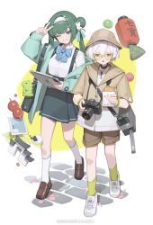 2girls ;) absurdres bilibili_xiaolu blue_bow blue_bowtie blue_eyes bow bowtie brown_shoes brown_shorts camera double_bun food green_eyes green_hair green_skirt green_socks hair_bun highres holding holding_camera holding_food holding_tablet_pc jacket multiple_girls one_eye_closed open_clothes open_jacket original shoes short_hair shorts skirt smile socks tablet_pc twintails v white_hair white_shoes white_socks