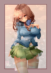 absurdres artist_request blue_cardigan blue_eyes breasts brown_hair cardigan cowboy_shot framed green_skirt hand_on_own_chest headphones headphones_around_neck highres large_breasts midriff_peek miku nakano_miku non-web_source plaid_clothes plaid_skirt pleated_skirt school_uniform self-upload skirt thighhighs white_thighhighs