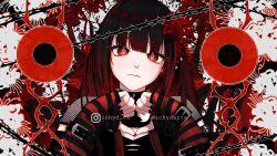 1girl arm_belt black_arm_warmers black_collar black_hair black_nails black_shirt blunt_bangs closed_mouth collar colored_inner_hair expressionless futakuchi_mana hands_up heart heart_hands highres ichyd indie_virtual_youtuber instagram_username long_sleeves looking_at_viewer multicolored_hair nail_polish red_arm_warmers red_eyes red_hair shirt solo spiked_collar spikes star-shaped_pupils star_(symbol) striped_arm_warmers symbol-shaped_pupils twitter_username