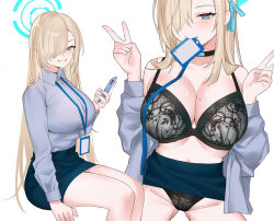 1girl asuna_(blue_archive) black_bra black_panties blonde_hair blue_archive blue_halo bra breasts cellphone choker cleavage clothes_lift double_v grey_shirt hair_ornament hair_over_one_eye hair_ribbon halo heart heart-shaped_pupils helandyck highres id_card lingerie long_hair looking_at_viewer midair mole mole_on_breast mouth_hold office_lady open_clothes panties phone ribbon shirt sitting skirt skirt_lift smile solo spread_legs symbol-shaped_pupils underwear v