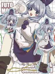 1girl bare_legs black_boots black_eyes black_ribbon blue_hat blue_outline blue_skirt blush_stickers boots character_name chibi commentary_request feet_out_of_frame footwear_ribbon frilled_skirt frills full_body green_ribbon grey_hair grid_background hat hat_ribbon highres holding holding_plate japanese_clothes kariginu kimono long_hair long_sleeves miniskirt mononobe_no_futo multiple_views neck_ribbon open_mouth outline own_hands_together plate pom_pom_(clothes) ponytail red_ribbon ribbon ribbon-trimmed_sleeves ribbon_trim skirt sleeve_ribbon sleeves_past_fingers sleeves_past_wrists smile soy_ojuice tate_eboshi touhou turtleneck v-shaped_eyebrows white_background white_kimono white_ribbon wide_sleeves yellow_ribbon