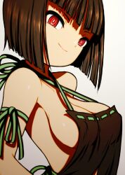 1girl bare_shoulders beeru_(veil8801) breasts bright_pupils brown_hair cleavage closed_mouth covered_erect_nipples god_eater gradient_background highres medium_breasts red_eyes short_hair sideboob smile solo tachibana_sakuya_(god_eater) upper_body white_pupils
