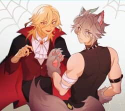 :d alhaitham_(genshin_impact) animal_ear_fluff animal_ears animal_hands antenna_hair arm_strap ascot bandaged_arm bandages black_cape black_collar black_pants black_shirt blonde_hair brooch cape claws closed_mouth collar collared_cape collared_shirt commentary dadadabibadum earrings english_commentary fang gem genshin_impact gloves gradient_background green_eyes grey_background grey_hair hair_between_eyes halloween_costume highres jewelry kaveh_(genshin_impact) long_hair looking_at_viewer looking_back open_mouth pants parted_bangs paw_gloves popped_collar red_cape red_eyes red_gemstone red_vest shirt short_hair silk sleeveless sleeveless_shirt smile spider_web spiked_collar spikes tail turtleneck two-sided_cape two-sided_fabric vampire_costume vest werewolf_costume white_ascot white_background white_shirt wolf_boy wolf_ears wolf_tail