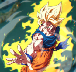 Rule 34 | 1boy, aura, blonde hair, closed mouth, commentary request, dougi, dragon ball, dragonball z, muscular, muscular male, pants, rom (20), short hair, solo, son goku, spiked hair, super saiyan, super saiyan 1, wristband