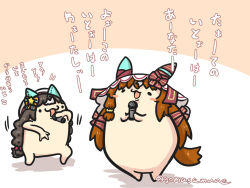 Rule 34 | :d, animal ears, beret, blush stickers, bow, braid, brown background, brown hair, goma (gomasamune), hair bobbles, hair bow, hair ornament, hat, highres, hokko tarumae (umamusume), holding, holding microphone, horse ears, horse tail, long hair, low twintails, microphone, multicolored hair, open mouth, shadow, smile, standing, star (symbol), star hair ornament, still in love (umamusume), striped bow, tail, translation request, twin braids, twintails, twitter username, two-tone background, two-tone hair, umamusume, veil, very long hair, white background, white hair, white hat
