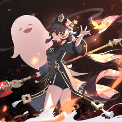 Rule 34 | 1girl, absurdres, black hat, black shirt, black shorts, boo tao (genshin impact), brown hair, commentary request, genshin impact, grin, hat, highres, holding, holding weapon, hu tao (genshin impact), kazezz, long hair, long sleeves, looking at viewer, shirt, short shorts, shorts, smile, solo, staff of homa (genshin impact), standing, very long hair, weapon, wide sleeves