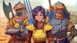 1girl 2boys arabian_clothes armor axe brown_eyes dark-skinned_female dark-skinned_male dark_skin desert earrings closed_eyes facial_hair gauntlets gongxiao_zao helmet highres jewelry looking_at_viewer mount_&amp;_blade multiple_boys mustache original outdoors polearm ponytail purple_hair smile spear warrior weapon