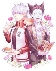 3boys animal animal_on_shoulder armadillo ascot black_hair black_shirt blue_eyes book colored_skin draluc_(kyuuketsuki_sugu_shinu) eating fangs flower food fork gloves grey_skin hand_up highres holding holding_book holding_fork jacket john_(kyuuketsuki_sugu_shinu) ksnfu kyuuketsuki_sugu_shinu long_sleeves male_focus multiple_boys pie pie_slice pointy_ears ronaldo_(kyuuketsuki_sugu_shinu) shirt short_hair spiked_hair standing vampire vest white_ascot white_background white_gloves