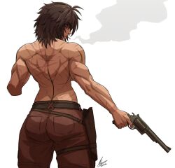 Rule 34 | 1girl, 4ces, brown hair, gun, handgun, highres, holding, holding gun, holding weapon, midriff, multiple scars, muscular, muscular female, original, pants, revolver, scar, scars all over, signature, smoke, solo, spiked hair, too many, waste (4ces), weapon, white background