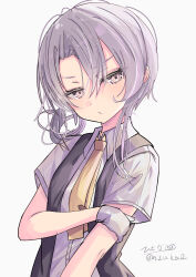 Rule 34 | 1girl, absurdres, dress shirt, frown, gloves, grey eyes, grey hair, highres, hizaka, holding own arm, kantai collection, looking at viewer, medium hair, necktie, nowaki (kancolle), shirt, side ponytail, solo, twitter username, upper body, vest, white gloves