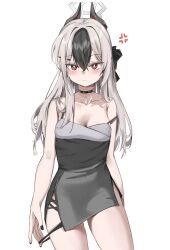 1girl absurdres black_dress black_horns blue_archive blush breasts commentary demon_horns dress ear_piercing grey_halo halo highres horns jewelry kayoko_(blue_archive) kayoko_(dress)_(blue_archive) multicolored_hair nail_polish necklace official_alternate_costume panties panty_pull piercing scarlet_(wv0102) simple_background strap_slip sweater symbol-only_commentary transparent_background two-tone_hair underwear white_hair