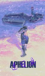 2girls absurdres adjusting_clothes adjusting_headwear akira_(manga) akira_movie_poster bandana baseball_cap black_hat black_shoes blush_stickers commentary cross_hair_ornament english_text flashbang full_body g11_(girls&#039;_frontline) girls&#039;_frontline girls&#039;_frontline_2:_exilium green_eyes green_jacket hair_ornament hat highres hk416_(girls&#039;_frontline) invertedqueen jacket klukai_(girls&#039;_frontline_2) knee_pads long_hair looking_at_viewer magazine_(weapon) mechty_(girls&#039;_frontline_2) motor_vehicle motorcycle multicolored_jacket multiple_girls off_shoulder on_motorcycle parody ponytail purple_jacket red_bandana shoes sidelocks sitting sleeping sneakers tattoo teardrop_facial_mark teardrop_tattoo two-tone_jacket white_jacket