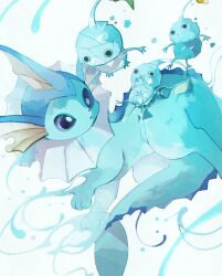 :3 animal_focus blue_eyes blue_sclera blue_skin cetacean_tail closed_mouth colored_sclera colored_skin commentary crossover fins fish_tail forked_tail gen_1_pokemon head_fins highres ice_pikmin li04r nintendo no_humans pikmin_(creature) pikmin_(series) pokemon pokemon_(creature) simple_background symbol-only_commentary tail vaporeon