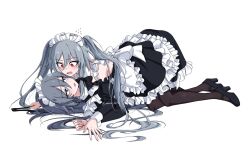 2girls black_dress black_pantyhose black_shoes blue_eyes blush commentary_request dress fallen_down flying_sweatdrops frilled_dress frills fu_hua fu_hua_(herrscher_of_sentience) girl_on_top grey_hair highres honkai_(series) honkai_impact_3rd korean_commentary long_hair maid maid_headdress multiple_girls open_mouth pantyhose red_eyes shoes twintails very_long_hair yuhuria_52 yuri