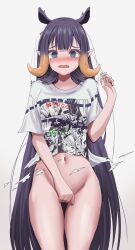Rule 34 | 1girl, @ @, absurdres, blush, gradient hair, highres, hololive, hololive english, long hair, mole, mole under eye, multicolored hair, navel, ninomae ina&#039;nis, ninomae ina&#039;nis (loungewear), no panties, nose blush, open mouth, orange hair, pointy ears, print shirt, purple hair, shirt, simple background, solo, t-shirt, tentacle hair, varo 006, very long hair, virtual youtuber, white background