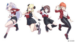 Rule 34 | 4girls, :d, ahoge, alternate costume, animal ears, anya melfissa, aqua eyes, arked (arkedmp), black gloves, black pants, black shorts, black skirt, black socks, black undershirt, black vest, blonde hair, braid, braided bangs, breasts, bright pupils, brown hair, closed mouth, colored inner hair, commentary, copyright notice, cropped jacket, cropped shirt, earrings, english commentary, feather earrings, feather hair ornament, feathers, fingerless gloves, full body, gloves, gradient hair, green feathers, green hair, grey hair, hair ornament, hairclip, hand up, highres, hololive, hololive english, hololive indonesia, horns, jacket, jewelry, large breasts, long hair, looking at viewer, midriff, multicolored hair, multiple girls, necklace, official art, open mouth, orange hair, pants, pavolia reine, pleated skirt, ponytail, purple eyes, red jacket, red shirt, red shoes, red socks, sheep ears, sheep girl, sheep horns, shirt, shoes, short hair, shorts, simple background, skirt, smile, sneakers, socks, streaked hair, swept bangs, t-shirt, takanashi kiara, thigh strap, three-quarter sleeves, tsunomaki watame, very long hair, vest, virtual youtuber, wavy hair, white background, white pupils, white shirt, white shoes