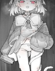1girl @_@ absurdres flashing greyscale highres indie_virtual_youtuber long_sleeves maplesights monochrome mouse_girl mouse_tail navel nemimi_yane panties red_eyes short_hair sleeves_past_fingers sleeves_past_wrists solo tail tail_around_own_leg underwear