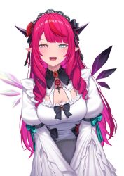 1girl :d blue_eyes blunt_bangs breasts chest_bow cleavage commentary crystal_wings drill_hair drill_sidelocks frilled_shirt frills heterochromia highres holding holding_tray hololive hololive_english horns irys_(hololive) irys_(maid)_(hololive) juliet_sleeves lace-trimmed_collar lace_trim large_breasts long_hair long_sleeves looking_at_viewer multicolored_hair official_alternate_costume official_alternate_hairstyle open_mouth pointy_ears puffy_sleeves purple_eyes red_hair resu_desu romaji_commentary shirt sidelocks simple_background smile solo star-shaped_pupils star_(symbol) streaked_hair symbol-shaped_pupils tray virtual_youtuber white_background white_shirt wide_sleeves