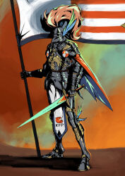 armor breastplate cape cuisses feaurievladskov flag full_armor gauntlets greaves helmet highres hololive hololive_english kfp_employee_(takanashi_kiara) knight plate_armor plume shoulder_armor standing sword tabard takanashi_kiara virtual_youtuber weapon