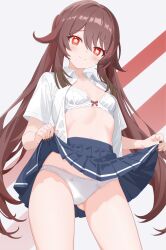 1girl ale_pocot blue_skirt bow bow_bra bra breasts brown_hair brown_nails clothes_lift commentary_request crotch_seam flower-shaped_pupils genshin_impact highres hu_tao_(genshin_impact) lifting_own_clothes long_hair open_clothes open_shirt panties red_bow red_eyes shirt simple_background skirt skirt_lift small_breasts smile solo stomach symbol-shaped_pupils two-tone_background underwear white_bra white_panties white_shirt
