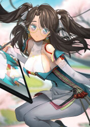 Rule 34 | 1girl, absurdres, aduo, aqua dress, aqua eyes, bare shoulders, blurry, blurry background, bodystocking, bow, breasts, brown hair, commentary, covered collarbone, drawing tablet, dress, earrings, floating hair, glasses, gradient clothes, gradient dress, hair bow, highres, holding, holding pen, jewelry, large breasts, light blush, looking at viewer, multicolored eyes, multiple hair bows, parted lips, pen, pink eyes, round eyewear, solo, two-tone eyes, white bow, wuthering waves, yellow-framed eyewear, zhezhi (wuthering waves)