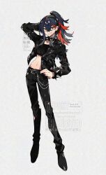 1girl alternate_costume alternate_hairstyle belt black_belt black_choker black_hair black_hairband black_jacket black_pants black_shoes bracelet carmine_(pokemon) choker colored_inner_hair crop_top crossed_bangs ear_piercing eyelashes full_body hair_between_eyes hairband highres jacket jewelry kawasaki_(kwsk_8765) long_sleeves looking_at_viewer midriff mole mole_under_eye multicolored_hair navel nintendo open_clothes open_jacket pants piercing pokemon pokemon_sv ponytail red_hair shoes smile solo spiked_bracelet spiked_choker spikes two-tone_hair white_background yellow_eyes