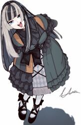 1girl arms_behind_back black_hair black_shoes dress frilled_dress frills full_body gothic_lolita green_dress hashtag-only_commentary highres hololive hololive_dev_is juufuutei_raden juufuutei_raden_(1st_costume) lolita_fashion looking_at_viewer multicolored_hair open_mouth shoes signature solo streaked_hair teeth two-tone_hair upper_teeth_only uwabami1420 virtual_youtuber white_background