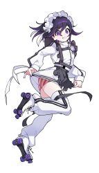 Rule 34 | 1boy, absurdres, alternate costume, ass, danganronpa (series), danganronpa v3: killing harmony, dress, enmaided, flipped hair, hair between eyes, highres, long sleeves, maid, male focus, male underwear, multicolored hair, oma kokichi, roller skates, simple background, skates, solo, thighhighs, ttegi (ddeck dg), two-tone hair, underwear, white background, white dress, white thighhighs