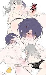 1boy 1girl absurdres blush clothed_female_nude_male covering_own_mouth dal-gi dr._ratio_(honkai:_star_rail) erection fellatio grey_hair hand_on_own_head hand_over_own_mouth handjob hetero highres honkai:_star_rail honkai_(series) long_hair looking_at_another multiple_views muscular muscular_male nude oral precum purple_hair red_eyes rubber_duck short_hair simple_background stelle_(honkai:_star_rail) trailblazer_(honkai:_star_rail) white_background yellow_eyes