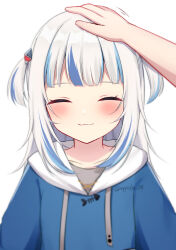 1girl 1other :3 absurdres blue_hair blue_hoodie blunt_bangs blush closed_eyes closed_mouth collarbone commentary_request drawstring facing_viewer gawr_gura hair_ornament headpat highres hololive hololive_english hood hood_down hoodie medium_hair multicolored_hair nagicha pov shark_hair_ornament simple_background solo_focus streaked_hair two_side_up upper_body virtual_youtuber white_background white_hair
