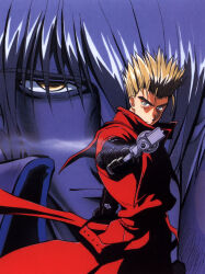 Rule 34 | 2boys, blonde hair, blue eyes, coat, gun, handgun, highres, legato bluesummers, long coat, madhouse, mole, mole under eye, multiple boys, official art, prosthesis, prosthetic arm, red coat, revolver, smoking weapon, spiked hair, trigun, vash the stampede, weapon, yellow eyes, yoshimatsu takahiro
