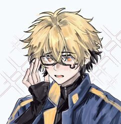 1boy adjusting_eyewear bespectacled black_hair black_shirt blonde_hair blue_jacket blush chinese_commentary glasses hair_between_eyes hand_up highres jacket kaka523060 long_sleeves looking_at_viewer male_focus multicolored_hair open_mouth orange_eyes shiguang_dailiren shirt short_hair simple_background sleeves_past_wrists solo sparkle turtleneck two-tone_hair upper_body white_background xia_fei zipper