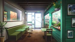 booth_seating brick_wall day english_text fern glass_door hanging_plant hanging_sign haze highres indoors mirror no_humans non-web_source official_art our_life:_beginnings_and_always photo_(object) plant potted_plant reflective_surface scenery shop sign stool table tile_floor tiles variant_set window wooden_chair wooden_table wooden_wall