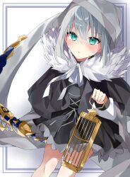 1girl :o birdcage black_dress blush cage capelet commentary_request dress fate/grand_order fate_(series) gray_(fate) green_eyes grey_hair hair_between_eyes highres holding holding_cage holding_scythe holding_weapon hood hood_up hooded_capelet looking_at_viewer lord_el-melloi_ii_case_files neck_ribbon ooo00_cha ribbon scythe short_hair solo weapon white_ribbon
