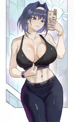 1girl :3 alternate_costume black_sports_bra blue_hair breasts cellphone clothes_pull commission earrings hair_intakes hairband highres holding holding_phone hololive hololive_english hoop_earrings jewelry large_breasts ornate_phone_case ouro_kronii pants park_ongjol phone product_placement purple_eyes second-party_source selfie smartphone solo sports_bra sports_bra_pull virtual_youtuber yoga_pants
