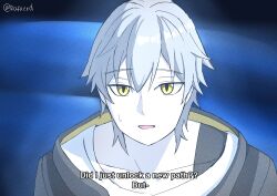 1boy absurdres black_coat black_jacket blue_background caelus_(honkai:_star_rail) coat collarbone english_text fake_screenshot grey_hair highres honkai:_star_rail honkai_(series) hood hooded_coat jacket looking_at_viewer open_mouth rafxeed small_sweatdrop subtitled sweat trailblazer_(honkai:_star_rail) two-sided_coat two-sided_fabric two-sided_jacket yellow_coat yellow_eyes yellow_jacket